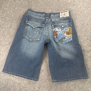 VTG True Religion Billy The Tiger Hunter Embroidered Jean Shorts Mens 38 Rare